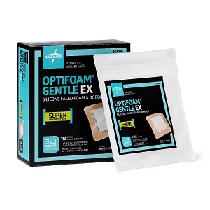 DRESSINGS: OPTIFOAM GENTLE EX BORDERED FOAM DRESSING, 3" X 3", IN EDUCATIONAL PACKAGING